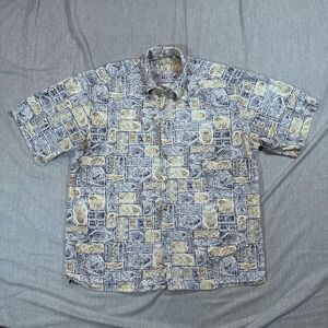 Batik Bay Shirt Mens Large Blue Beige Fish Print Hawaiian Button‎ Up 90s Style